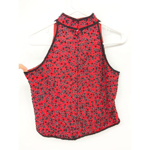 Vtg 90s Papell Boutique Evening Beaded Silk High Collar Blouse Sleeveless Sz PM - Picture 4 of 6